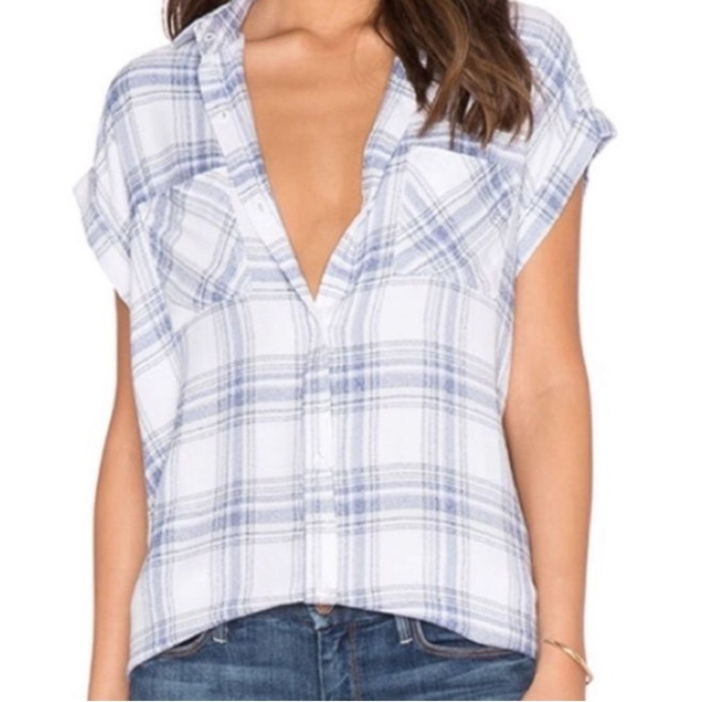 RAILS Britt Rayon Soft Blue Plaid Button Down Short Sleeve Top Small NWT
